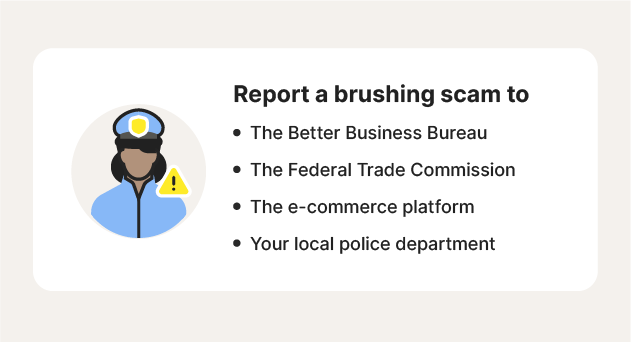 An illustration of who to report a brushing scam to.