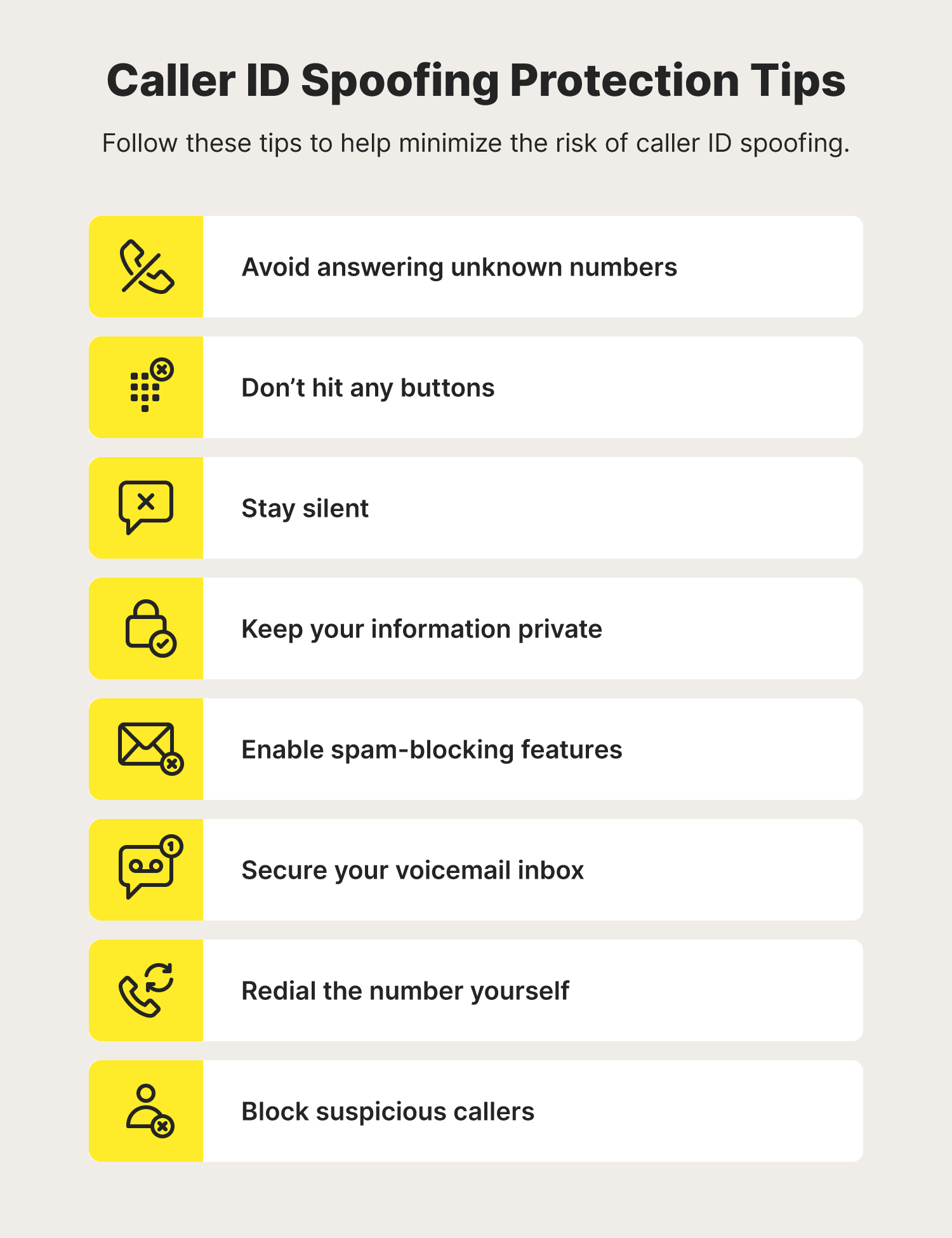 A graphic lists protection tips you can follow to help minimize the risk of caller ID spoofing.