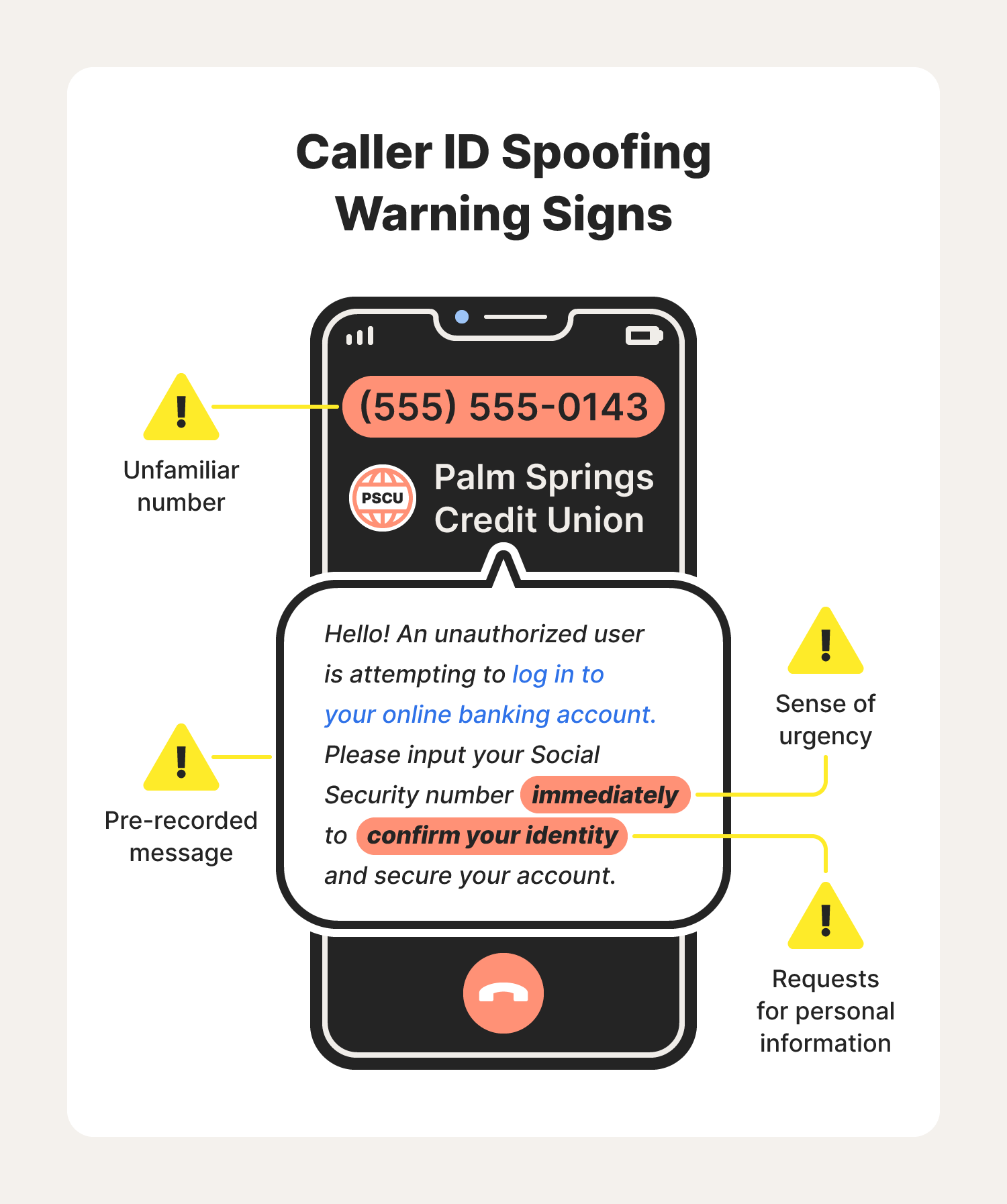 A graphic highlights warning signs of caller ID spoofing.