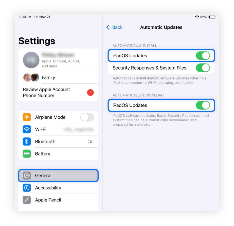Screenshot of an iPad showing where you can enable automatic updates.