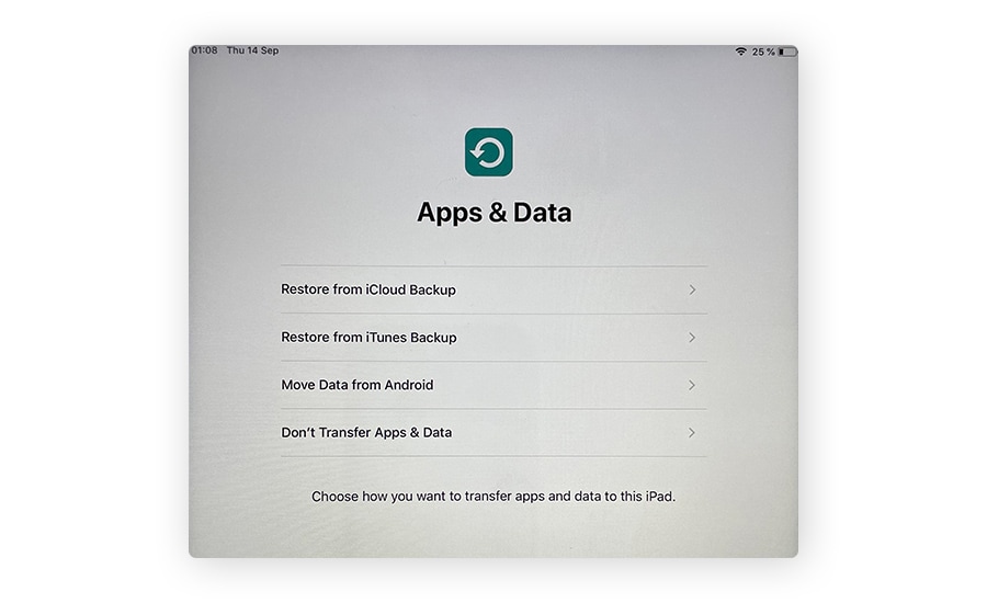 Restoring iPad apps and data from an iCloud backup.
