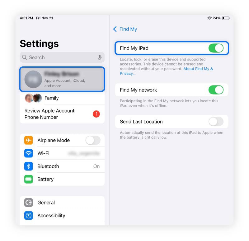 Screenshot of an iPad showing where you can enable Find My iPad.