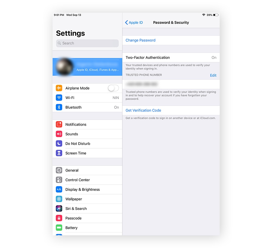 Turning on Apple ID 2FA in iPad Password & Security Settings.