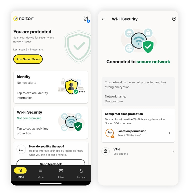 Screenshots showing how to run a malware scan in the Norton 360 app.
