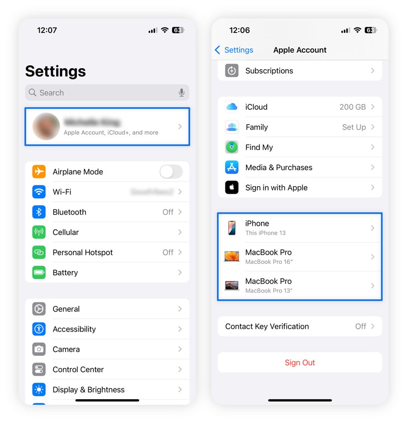 Screenshots showing how to navigate and review an Apple account’s device list.
