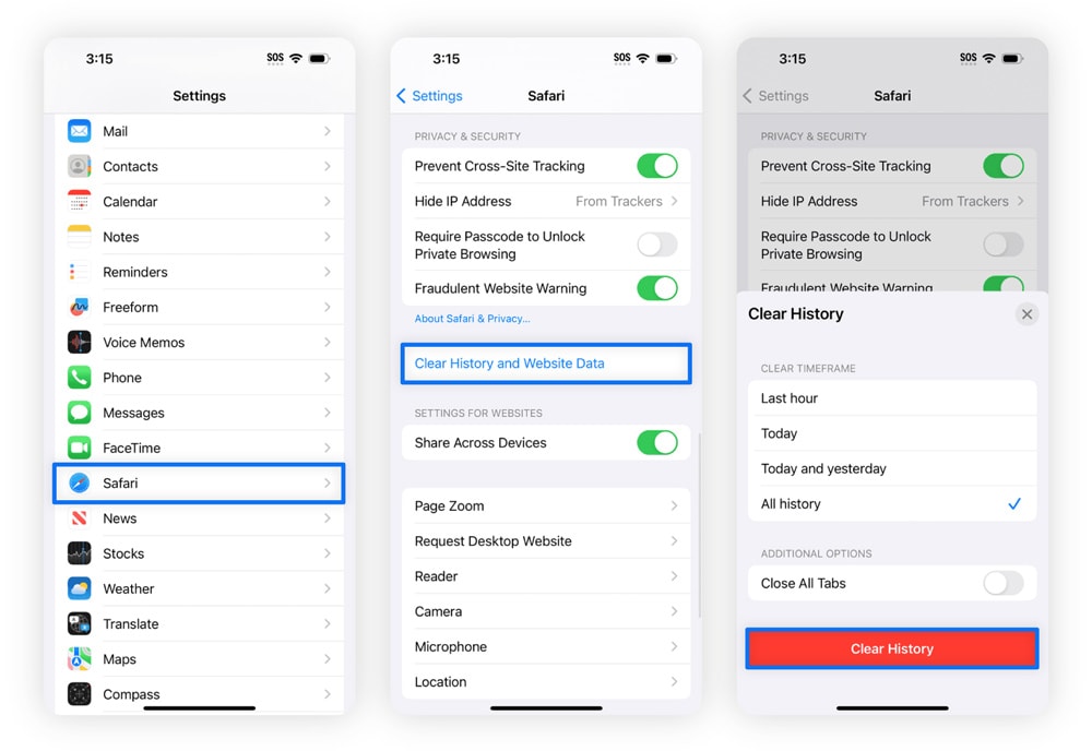 Instructions showing how to clear history and website data through iPhone settings.
