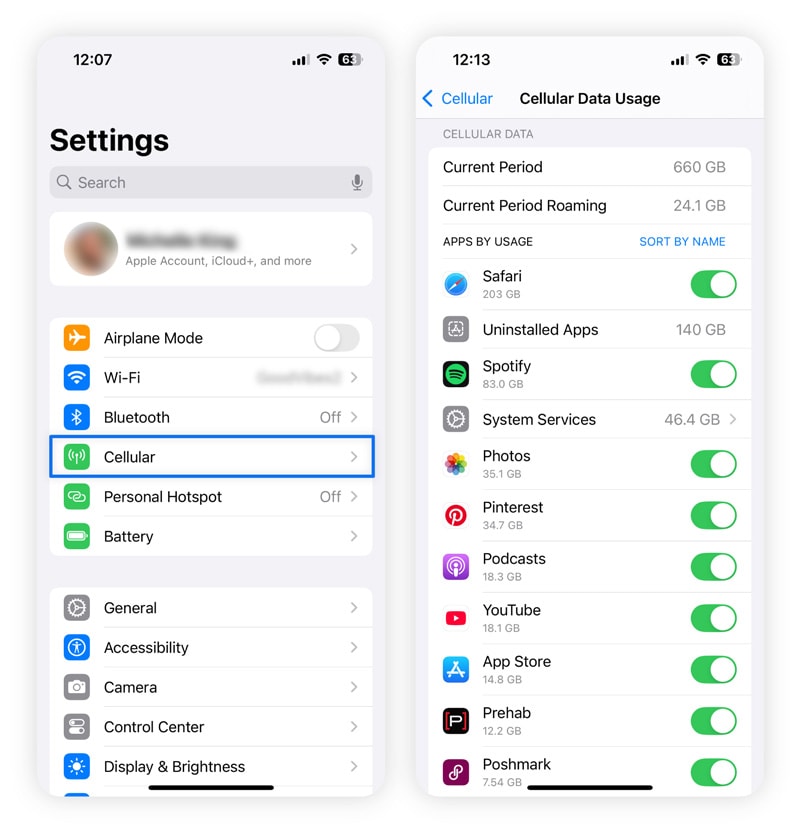 Screenshots showing how to navigate and review an iPhone’s cellular data usage.