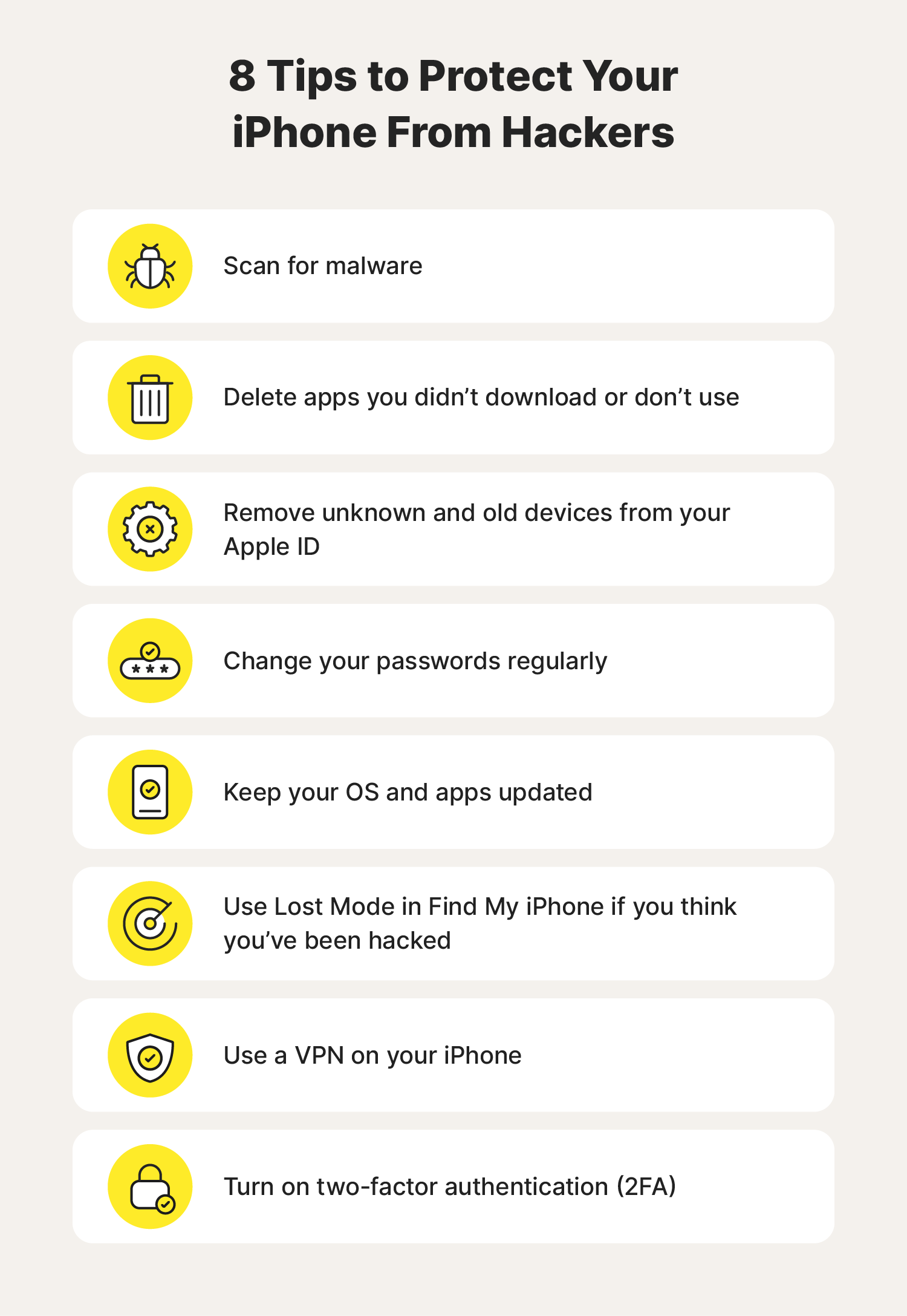 Illustrated chart with 8 tips for how to protect your iPhone from hackers.