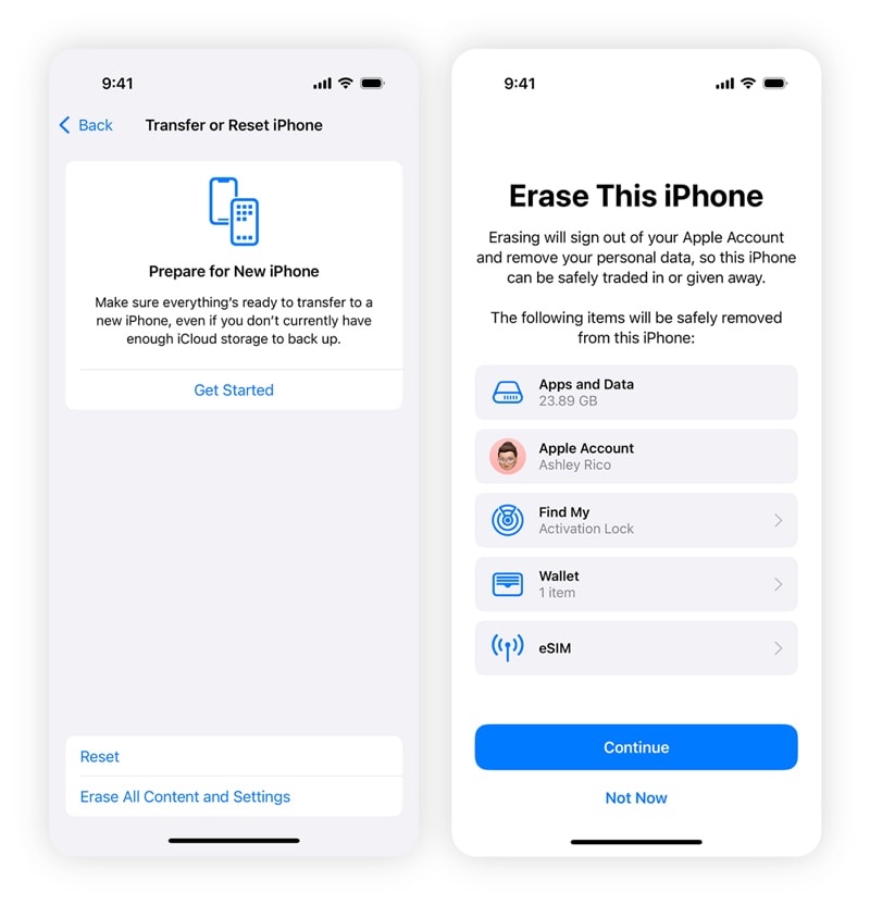 Screenshots showing how to factory reset an iPhone.