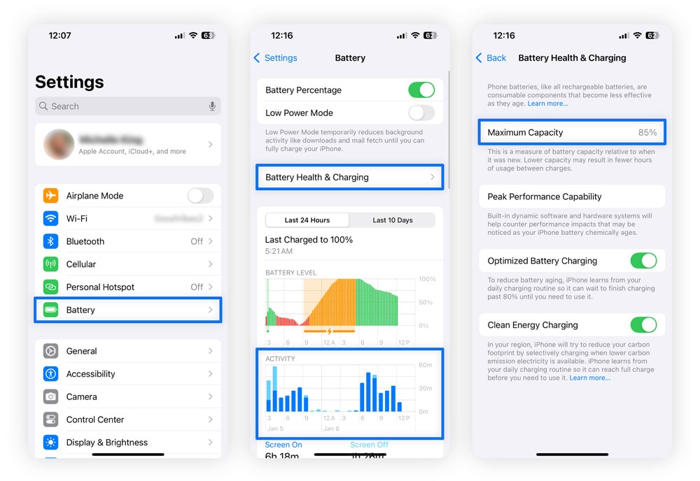 Screenshots showing how to navigate and review an iPhone’s battery usage.