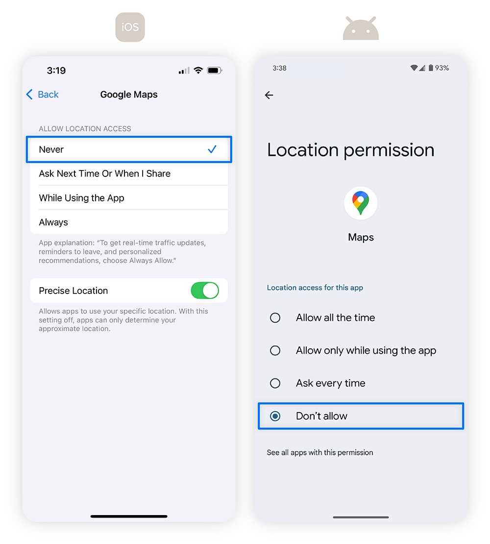 Screenshots show how to turn off location services on an iPhone and Android phone.