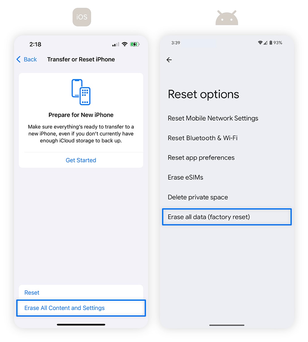 Screenshots show how to turn off location services on an iPhone and Android phone.