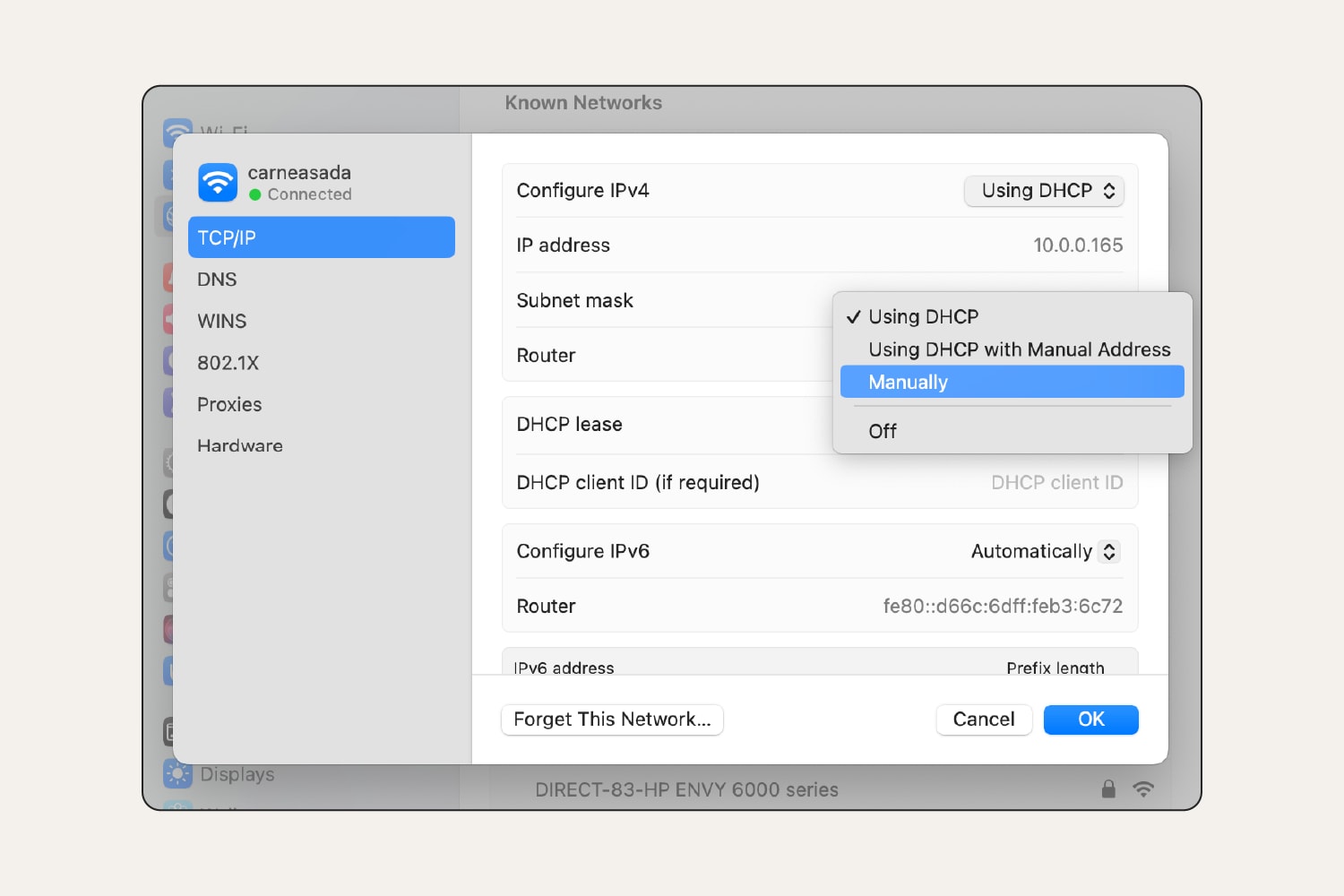 A screenshot showing how to change your IP address on a Mac computer.