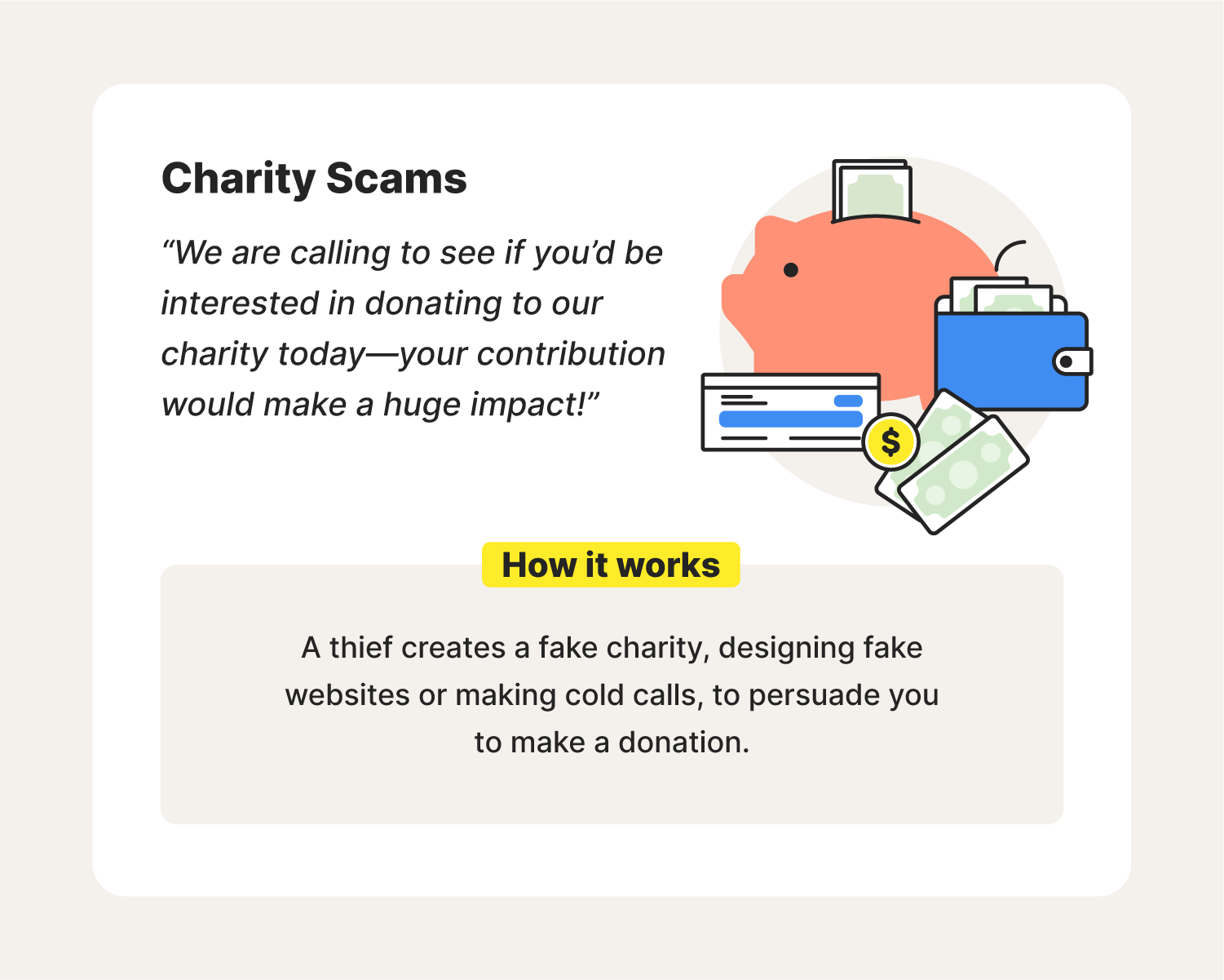 An illustration accompanies an explanation of how a charity scam works in order to show the true dangers of IRS scams.
