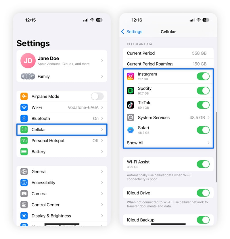 Screenshots showing how to review your data usage on an iPhone.