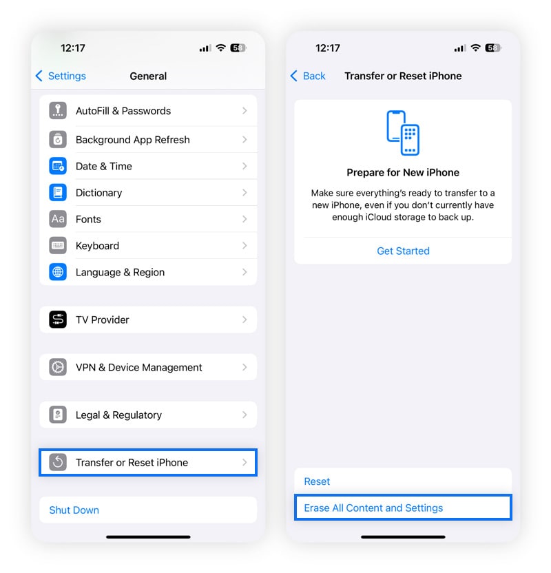 Screenshots showing how to restore a jailbroken iPhone to factory settings.