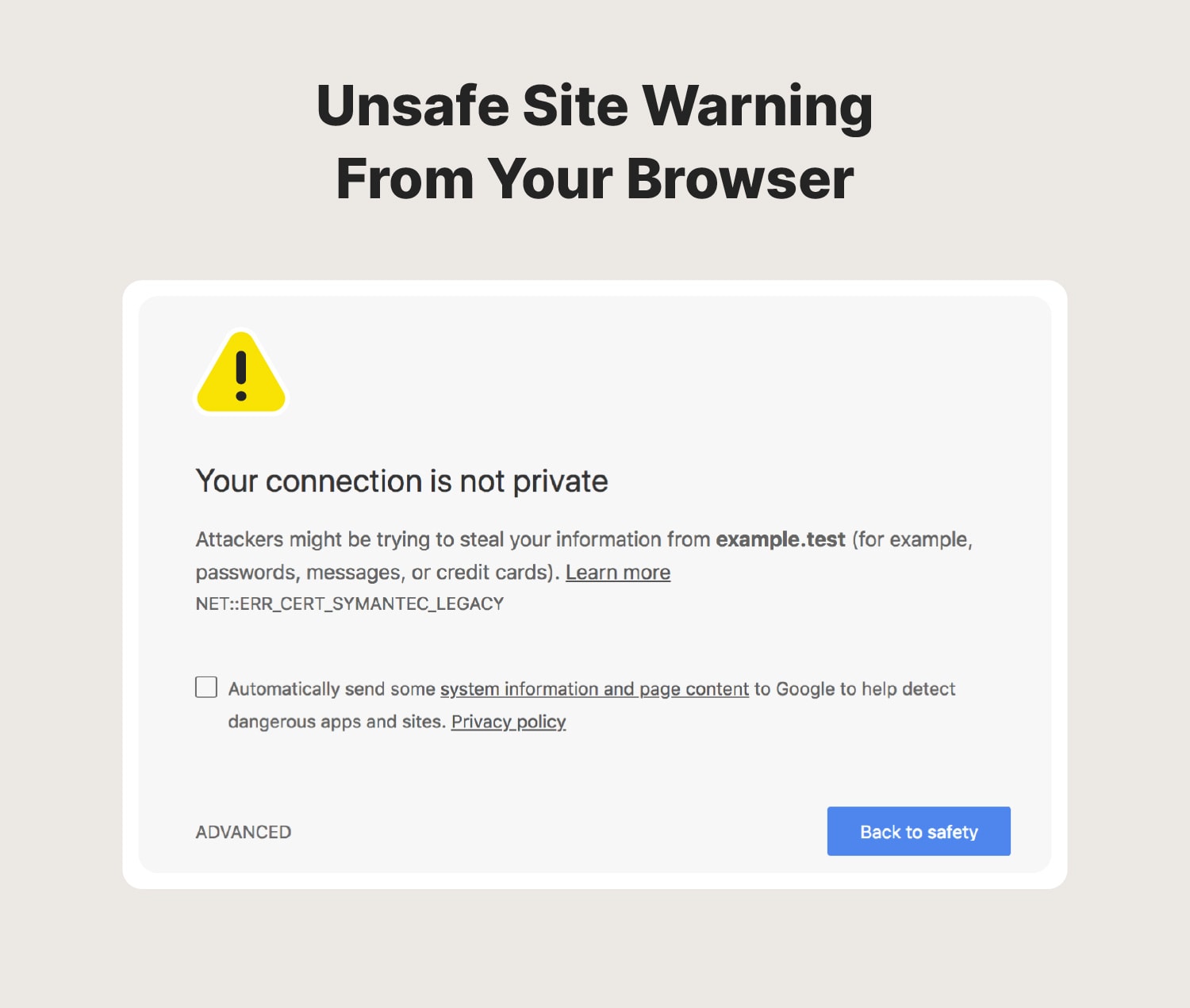 Image of a browser warning that says a user’s connection is not private.