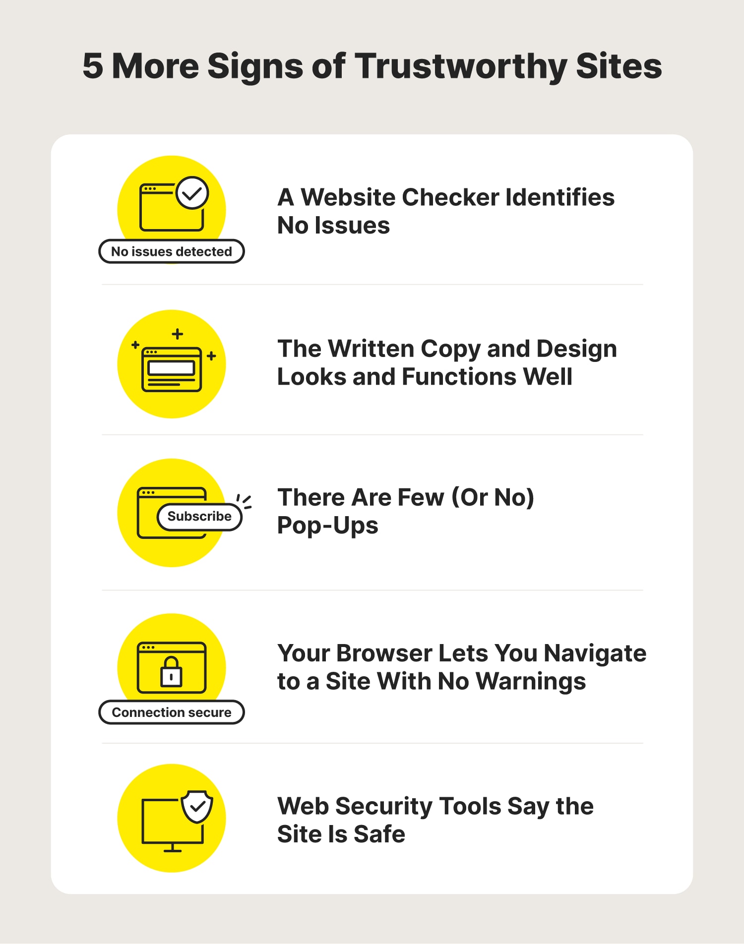 Illustrated chart with 5 signs that a site is trustworthy and safe.