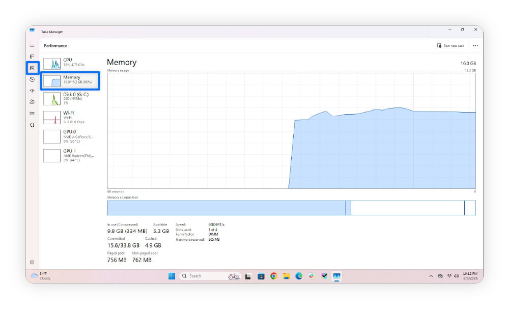 Screenshot of Windows Task Manager highlighting the performance and memory tabs.