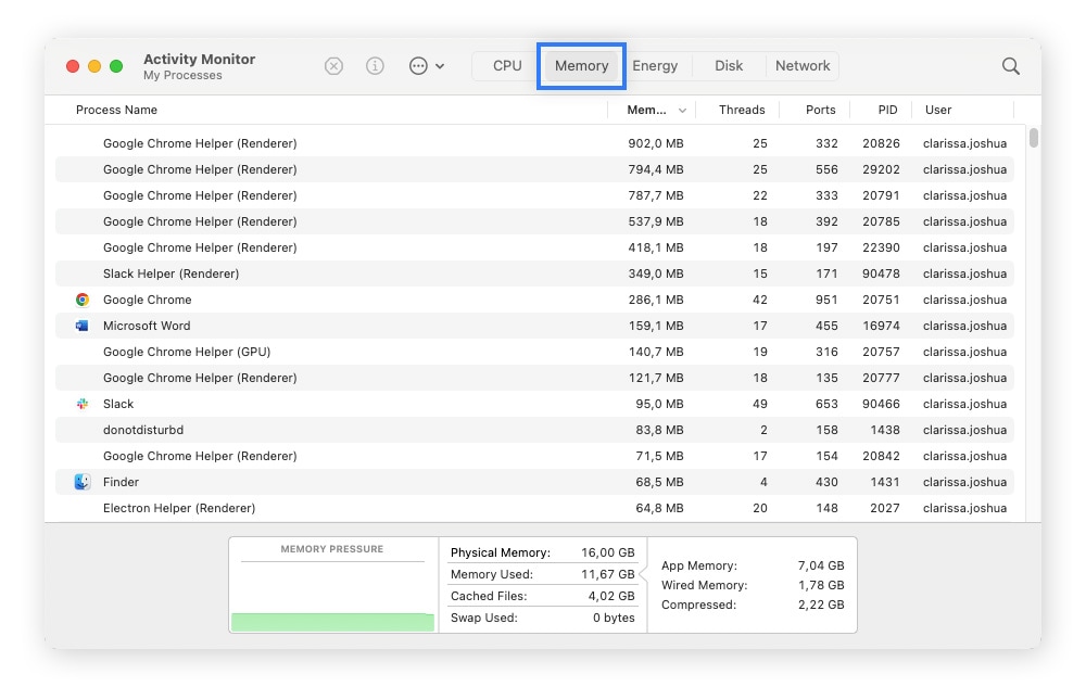 Screenshot of Mac Activity Monitor with the Memory tab highlighted.