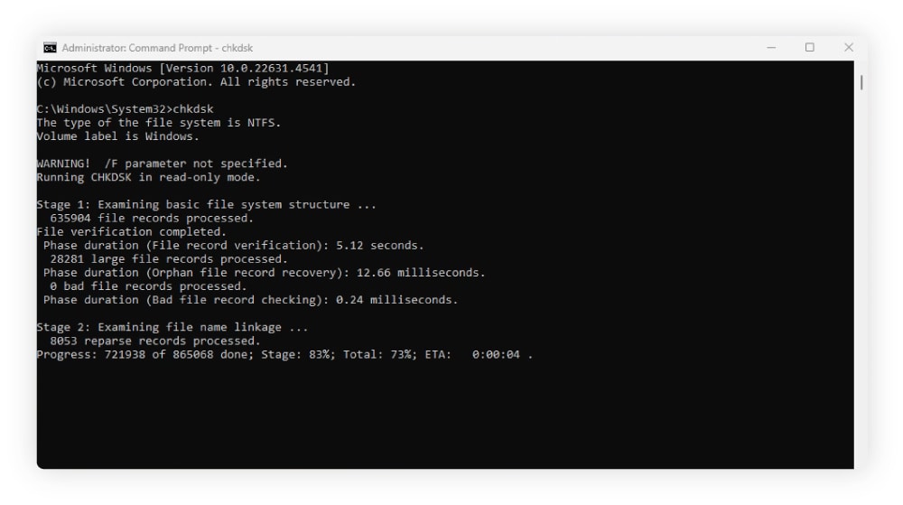 A screenshot of Command Prompt after running the CHKDSK command.