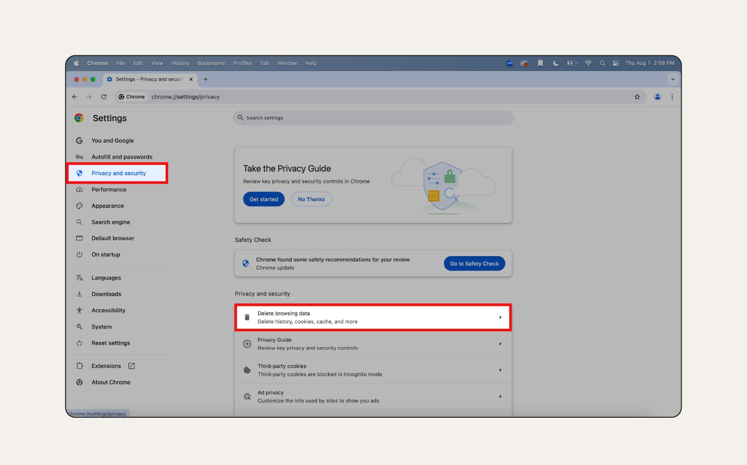 A screenshot of the “Privacy and security” settings in Chrome.