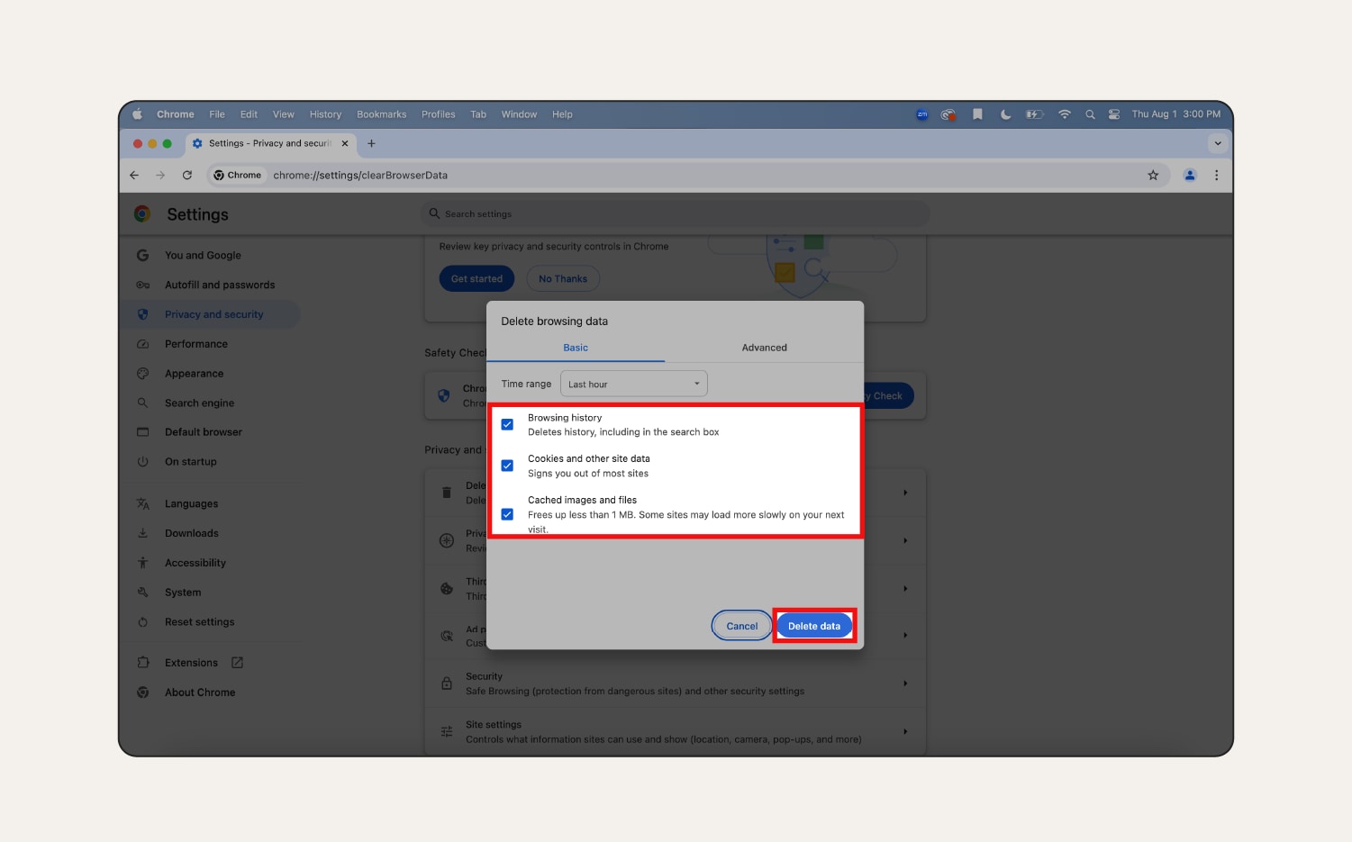 A screenshot showing how to delete browsing data, cookies, and cached files in Chrome on Mac.