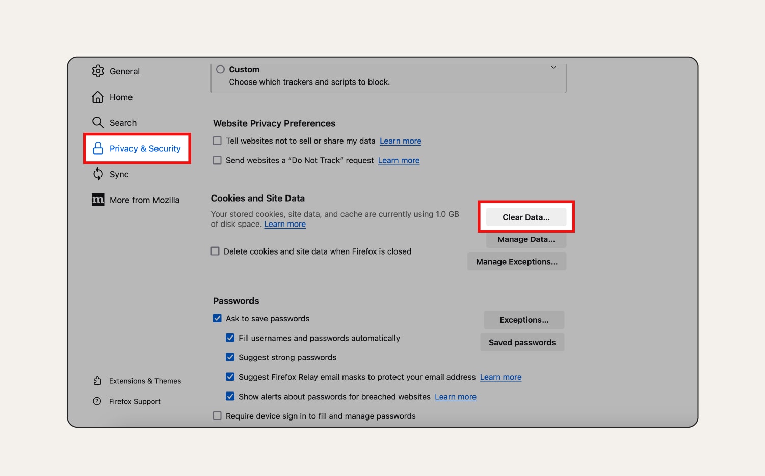 A screenshot of Firefox’s “Privacy & Security” settings.