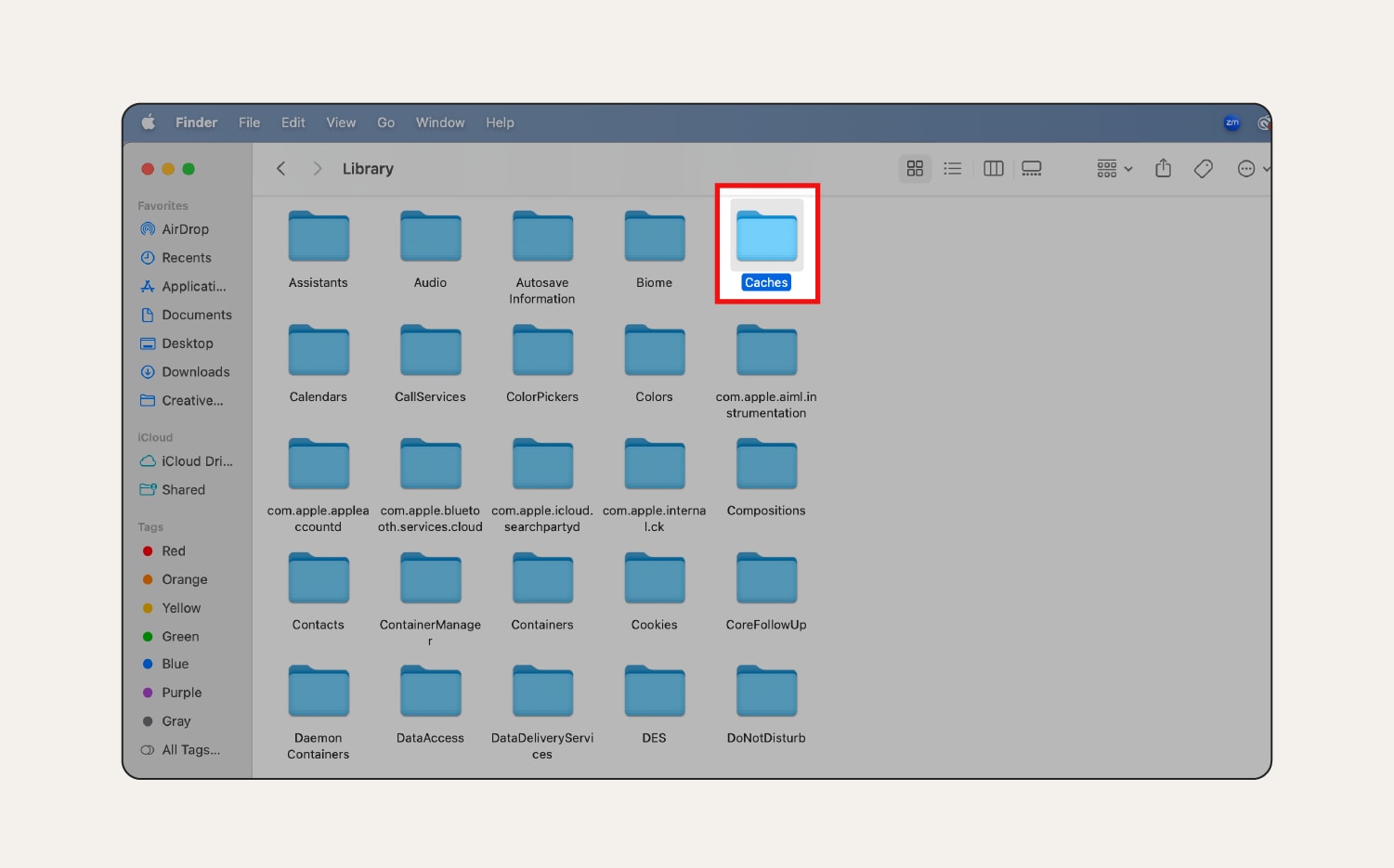 A screenshot of the “Caches” folder in the Library.