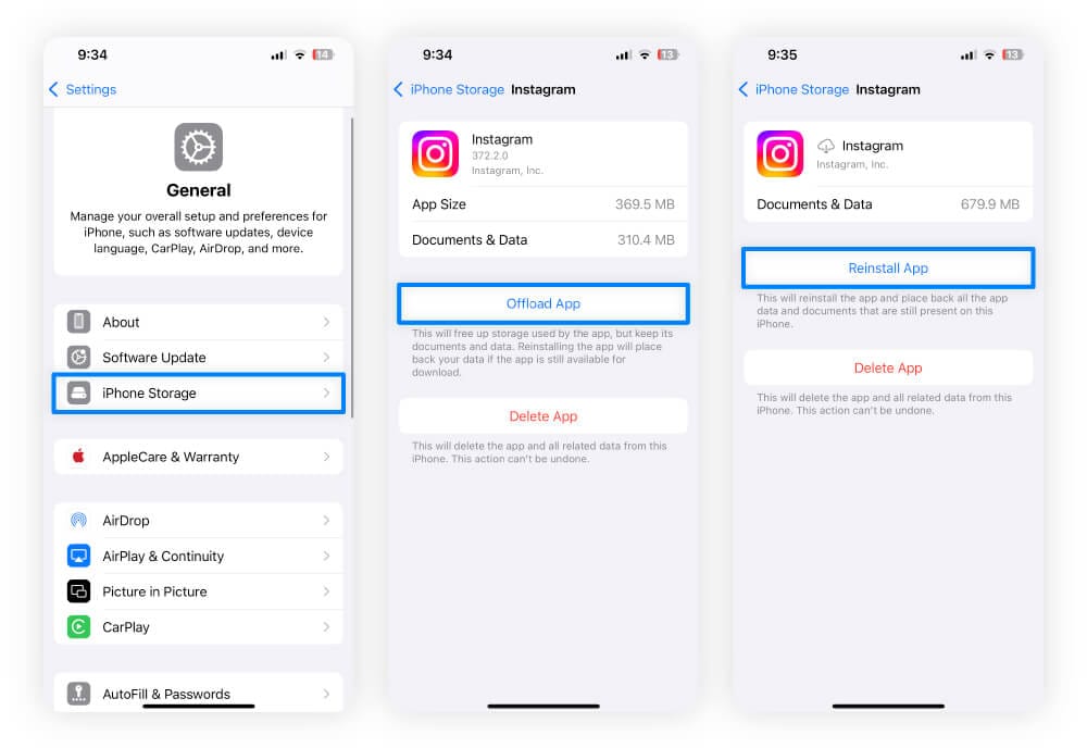 Screenshots from iOS settings with steps for how to clear the Instagram cache on your iPhone.
