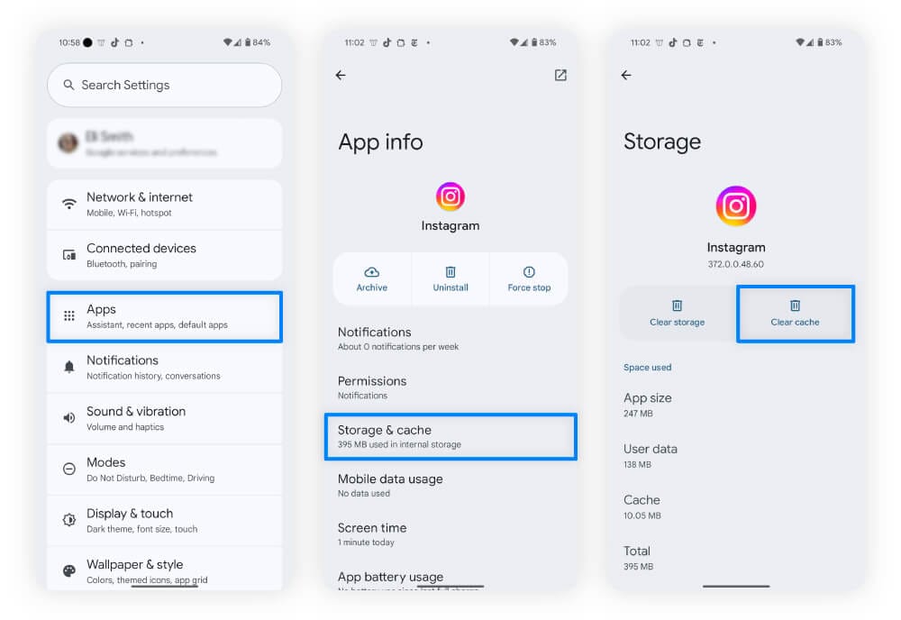 Screenshots with steps for how to clear the Instagram cache on your Android phone.