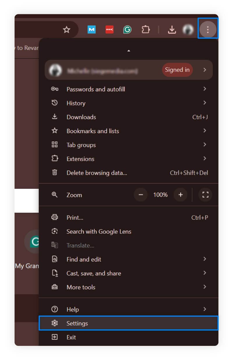 A screenshot from the Chrome menu showing how to navigate to Settings.