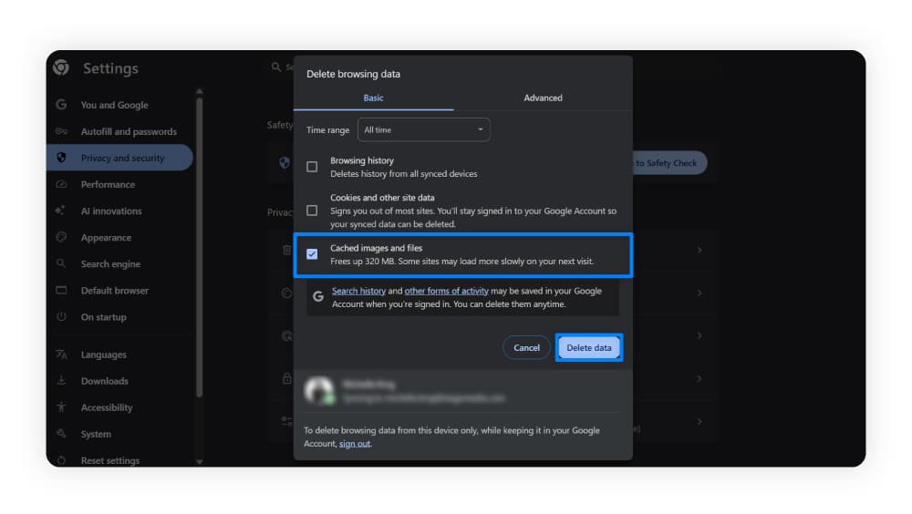 A screenshot from Chrome’s Privacy and security settings, showing how to clear cached images and files.