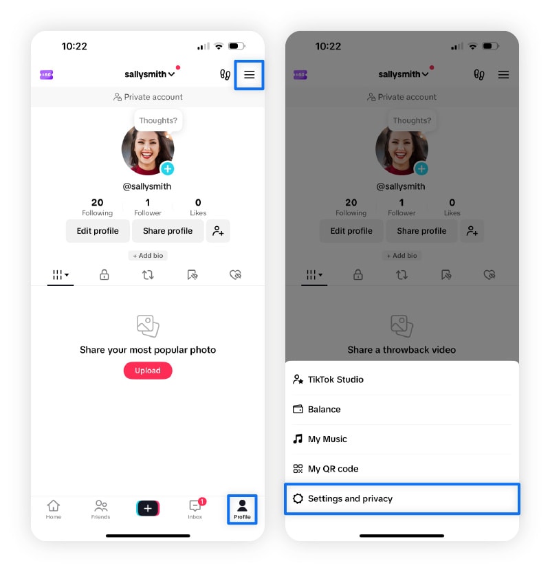 Screenshots of the TikTok app showing the steps to clear the cache by tapping the menu icon, then selecting Settings and privacy.