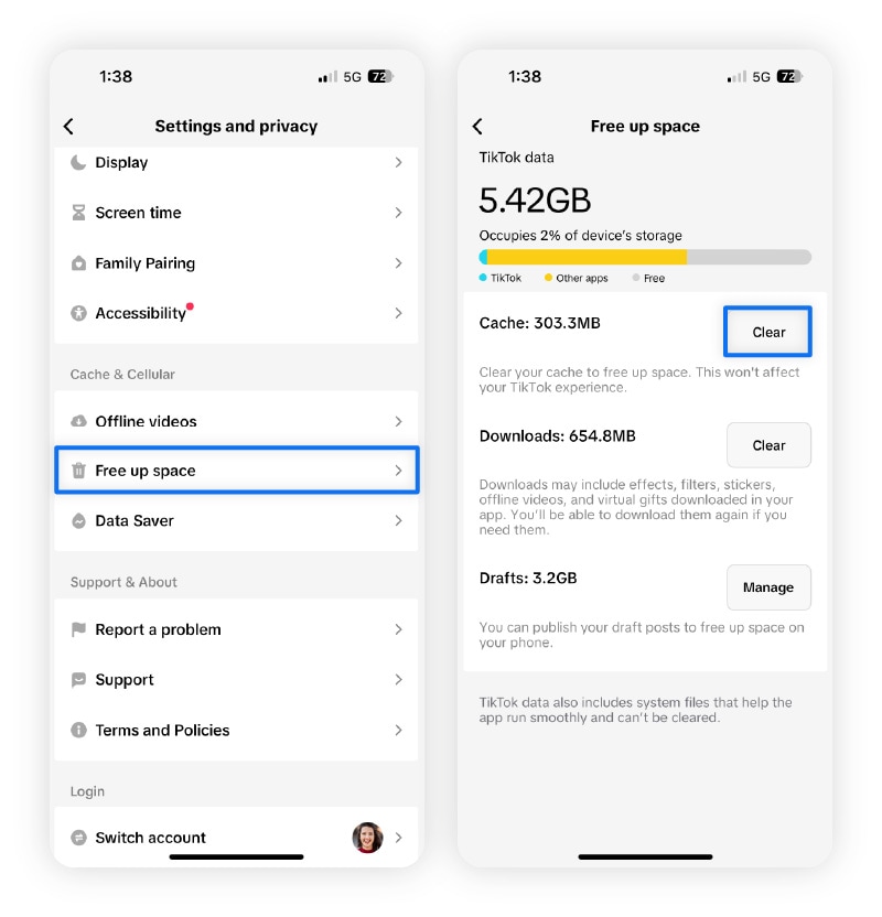 Screenshots of the TikTok app showing the next steps to clear the cache by tapping Free up space, then Clear.