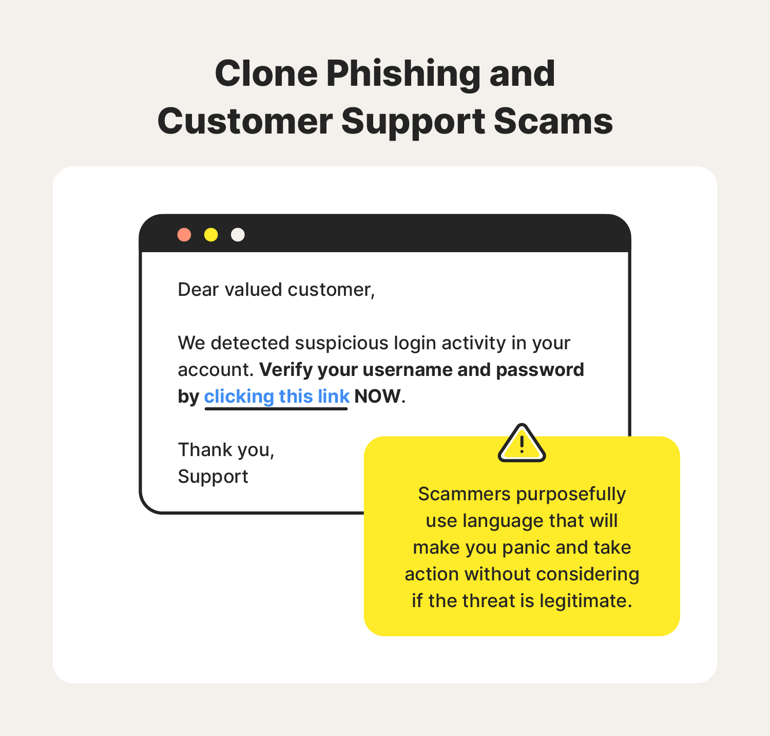 Illustrated example of a clone phishing customer support scam.
