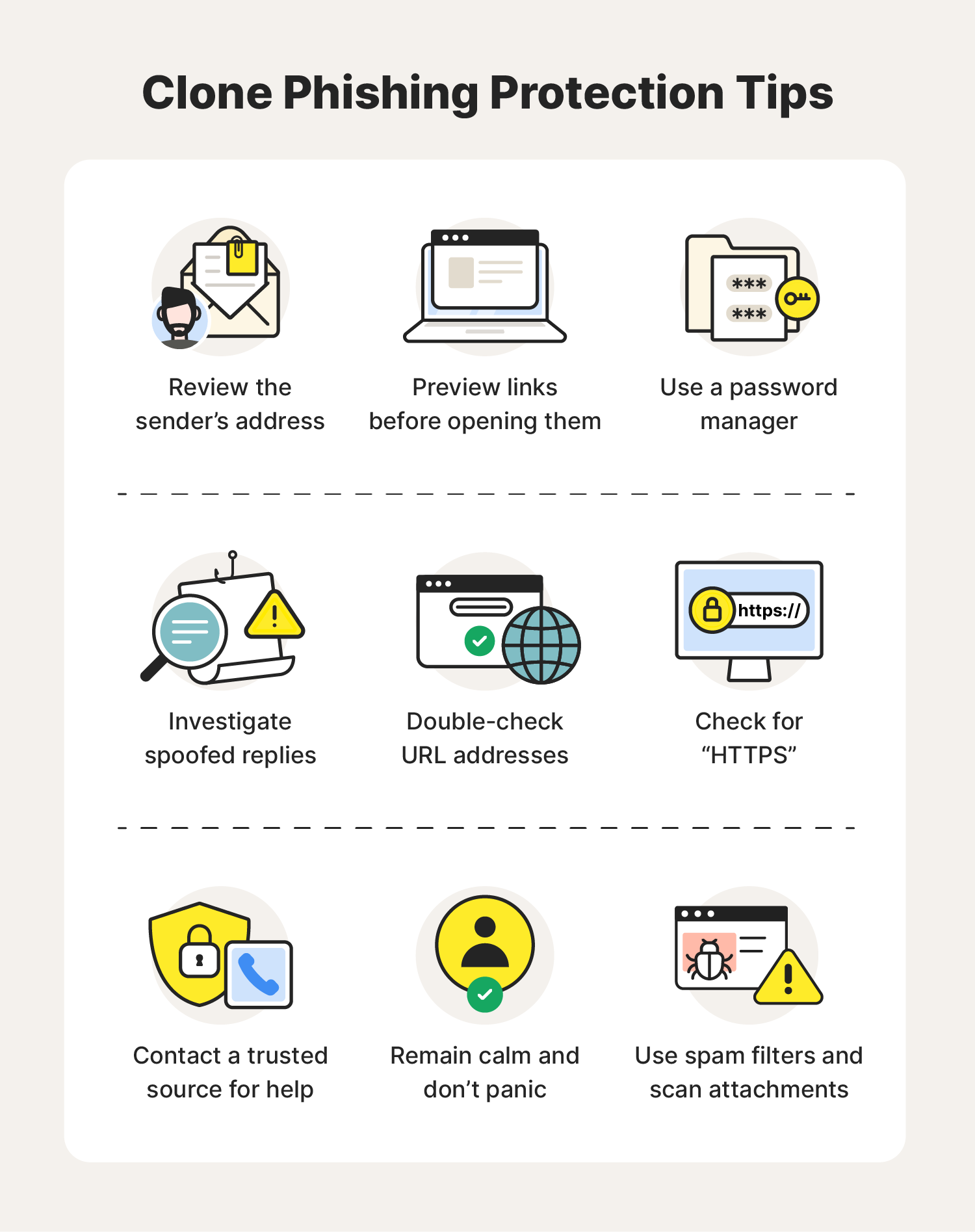 Illustrated chart covering some ways to protect yourself from clone phishing scams.