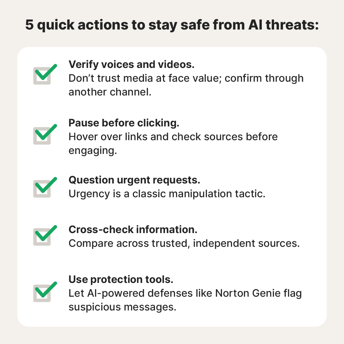 An AI safety checklist showing five ways to protect yourself from AI threats.