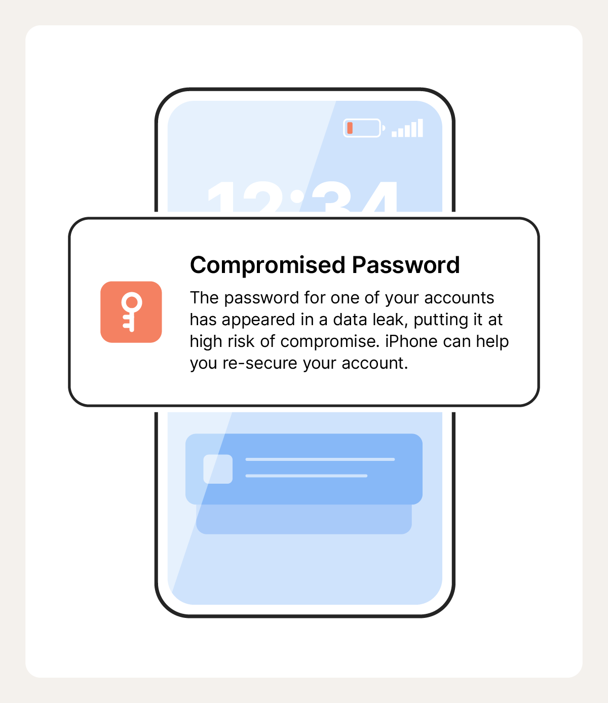Icon of an iPhone with a compromised password notification.
