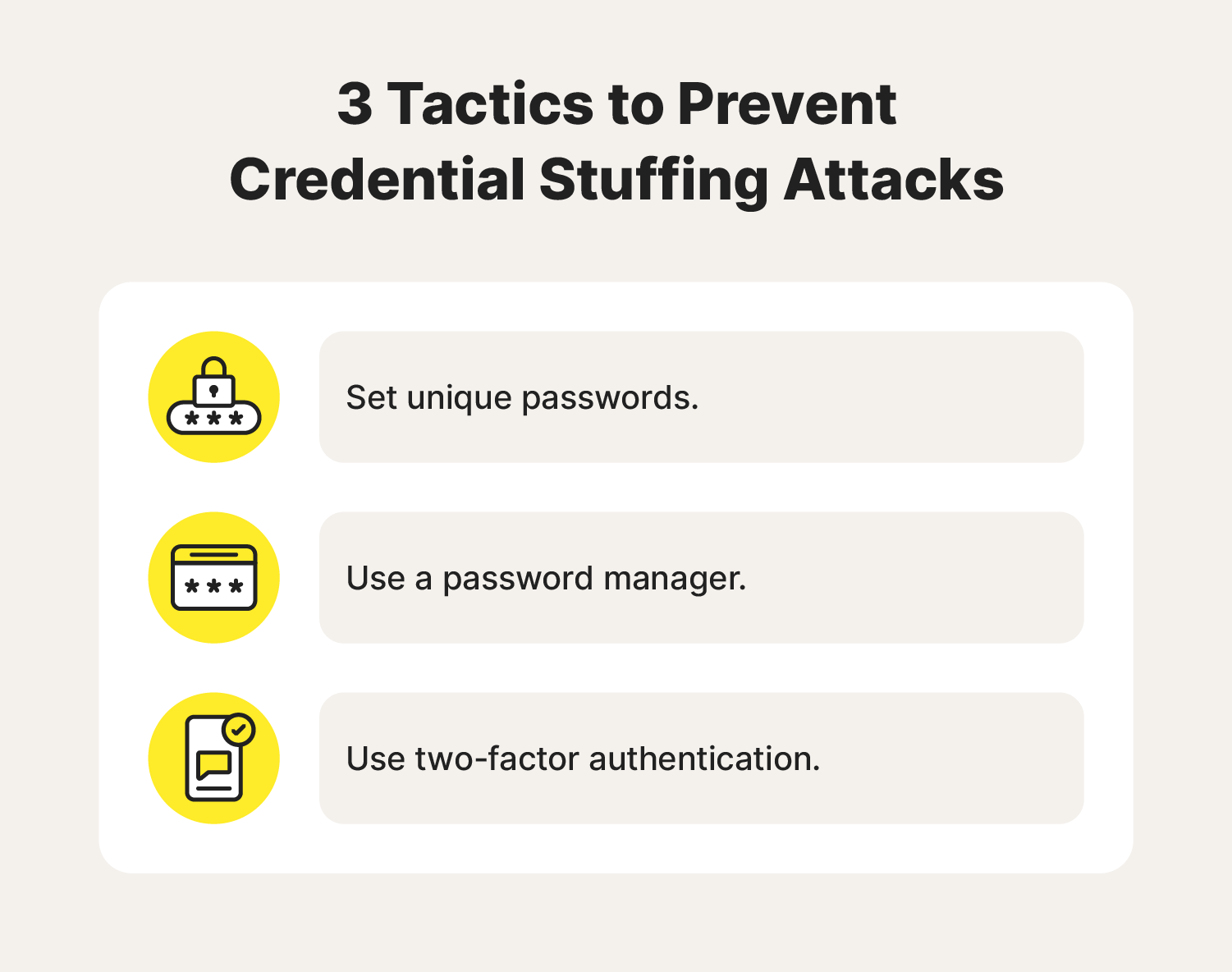 An image with 3 tactics to prevent credential stuffing attacks.