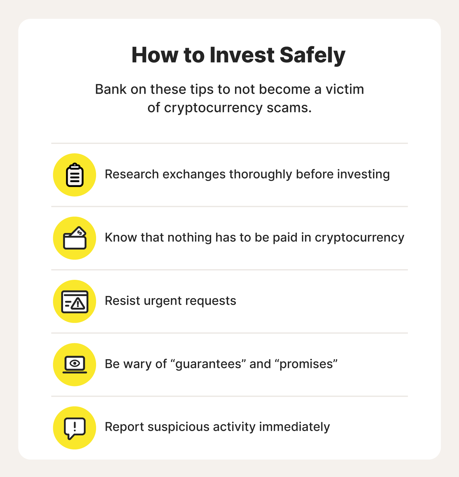 Illustrated chart with icons and text describing how to invest in cryptocurrency safely.