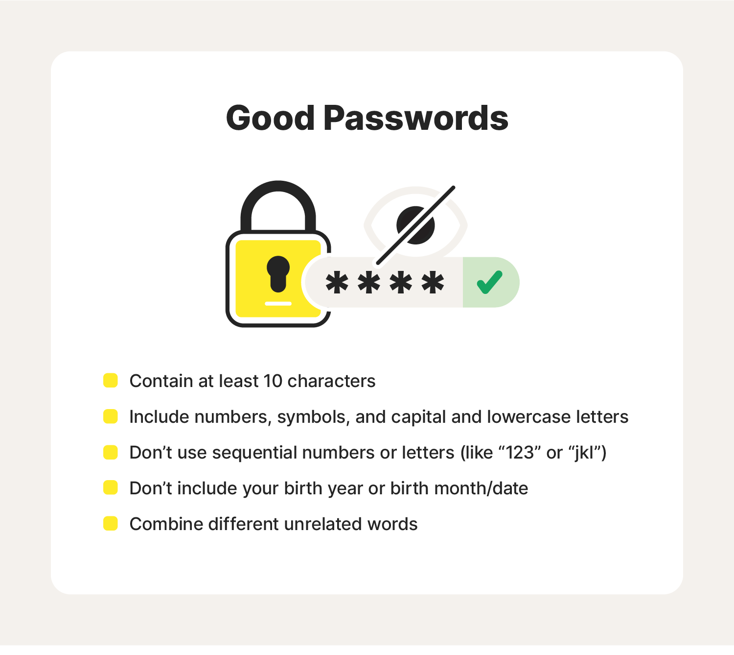 A graphic showing characteristics of good passwords.