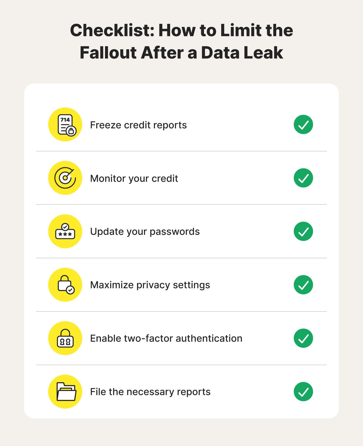 A checklist with a list of things to do to protect yourself after a data leak.