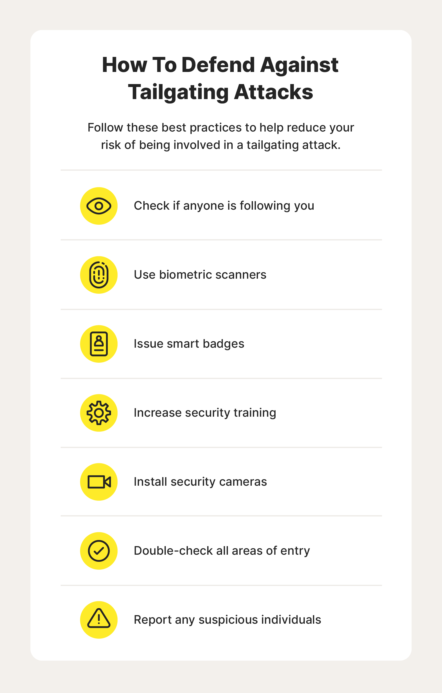 A graphic lists tips you can follow to defend against a tailgating attack.