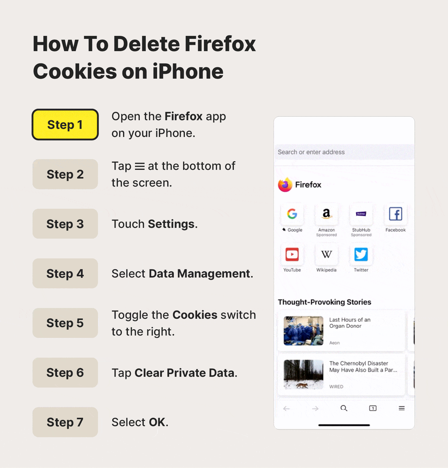 A screen recording showing how to delete Firefox cookies on iPhone.