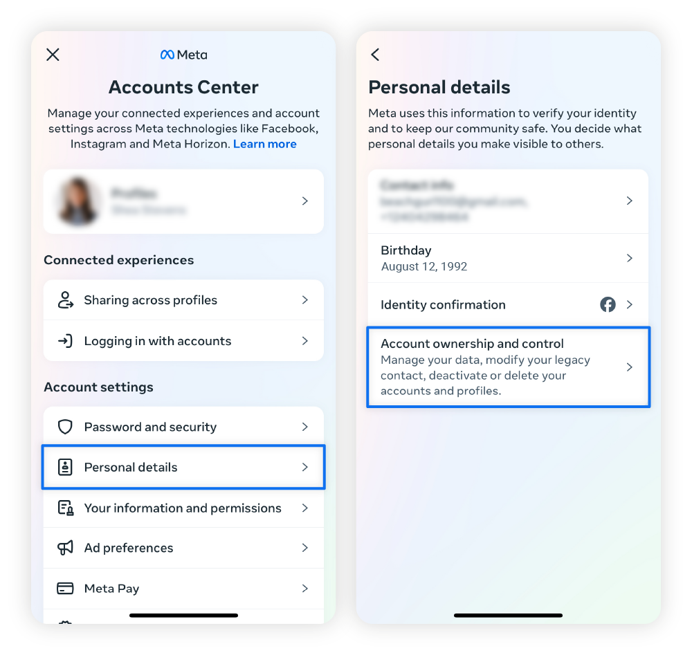 Two Facebook screenshots highlighting Personal details and Account ownership and control.
