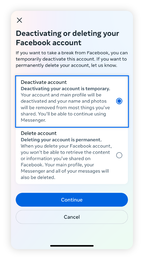 Screenshot highlighting the Deactivate account option on Facebook.