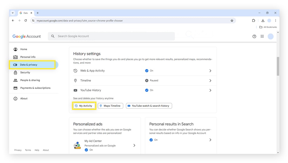 Choose Data & privacy on the left, then scroll down and select My Activity.