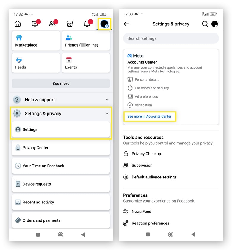 Tap your profile pic and scroll down and open Settings & privacy, then tap Settings, and See more in Accounts Center.