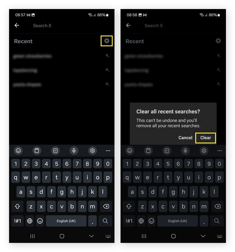 To delete X/Twitter search history, tap the search bar, then the x next to Recent, and Clear.